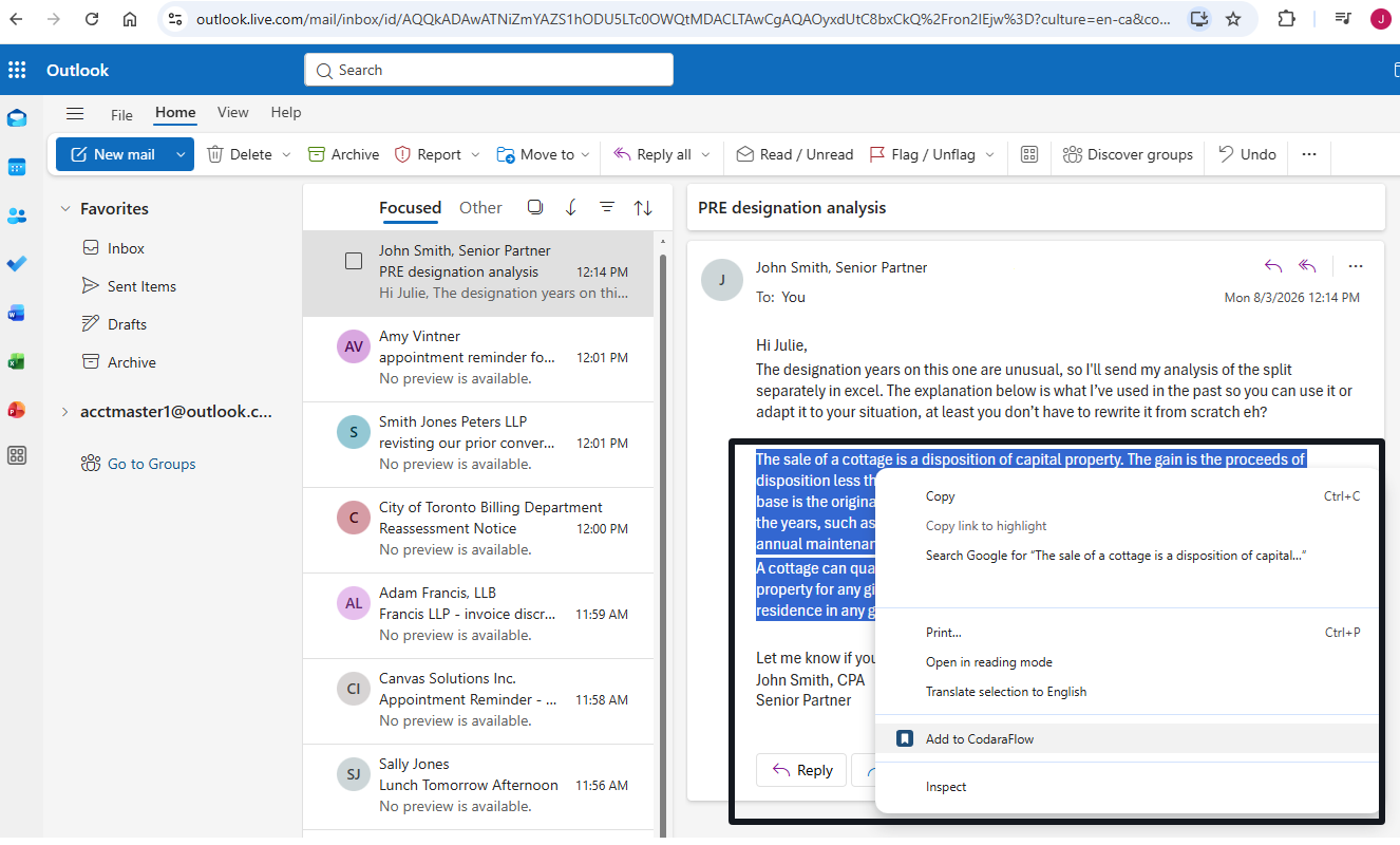 An email open in a browser with a paragraph of wording highlighted