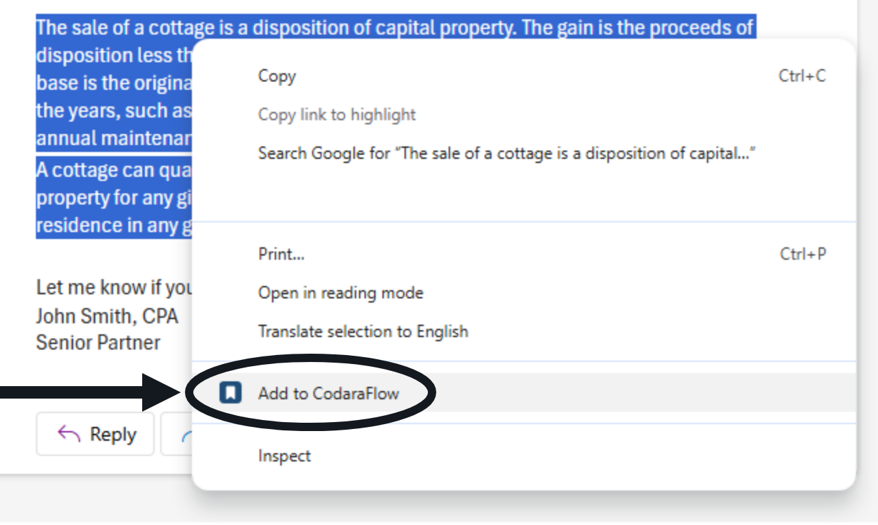 Add to CodaraFlow on the browser right-click menu, over the highlighted wording