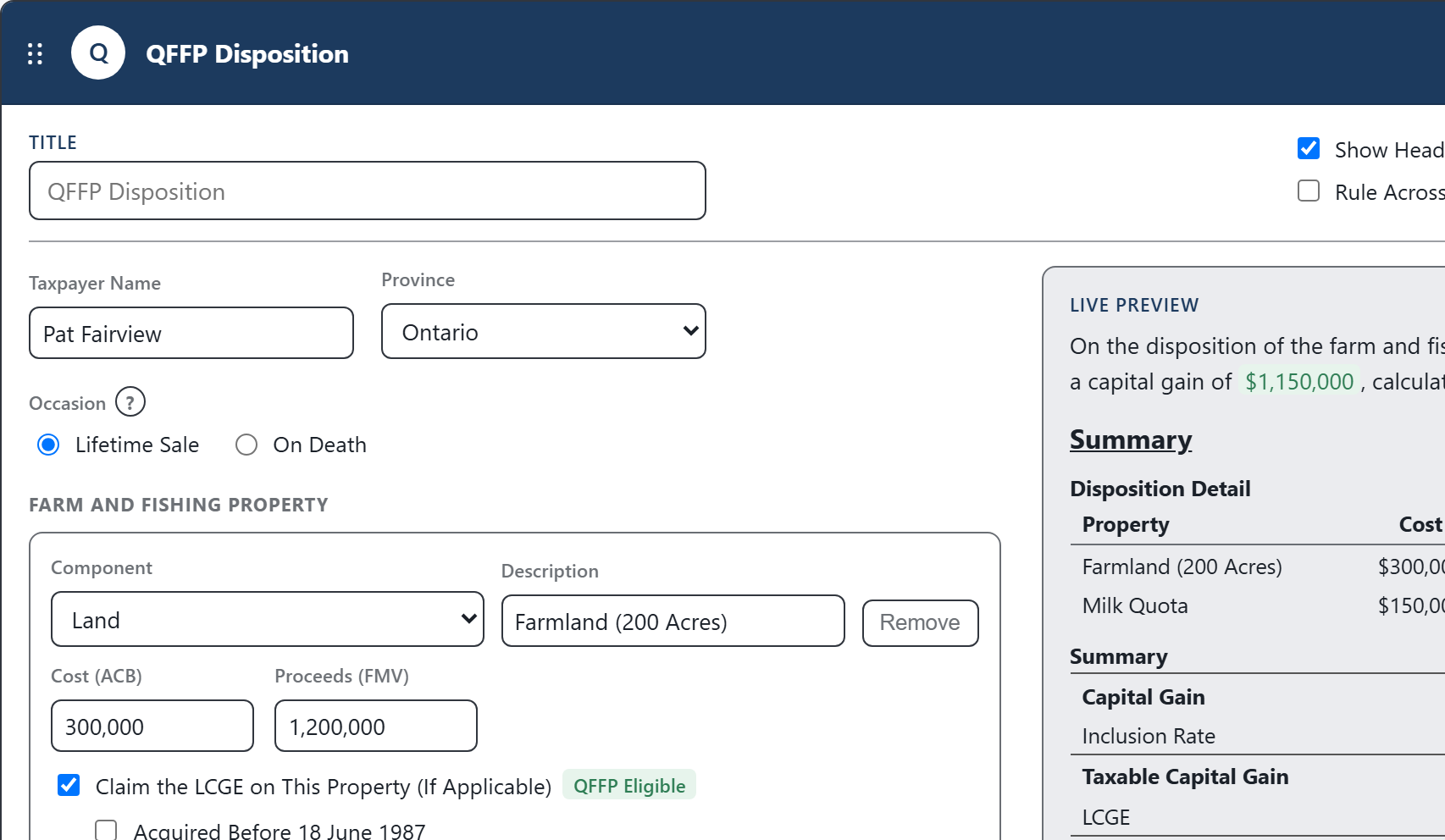 The QFFP Disposition Calculator inside CodaraFlow