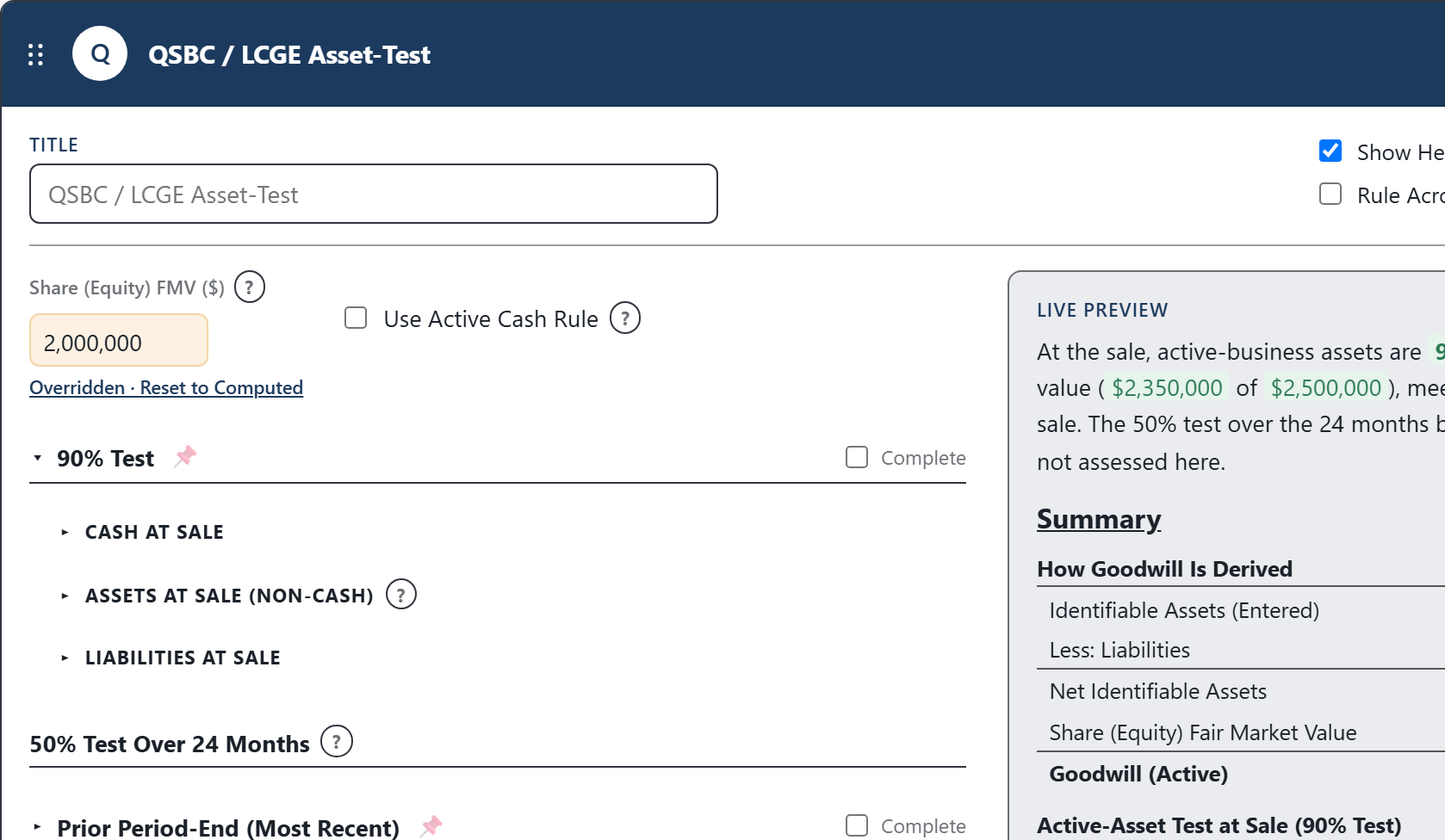 The QSBC / LCGE Asset-Test Calculator inside CodaraFlow