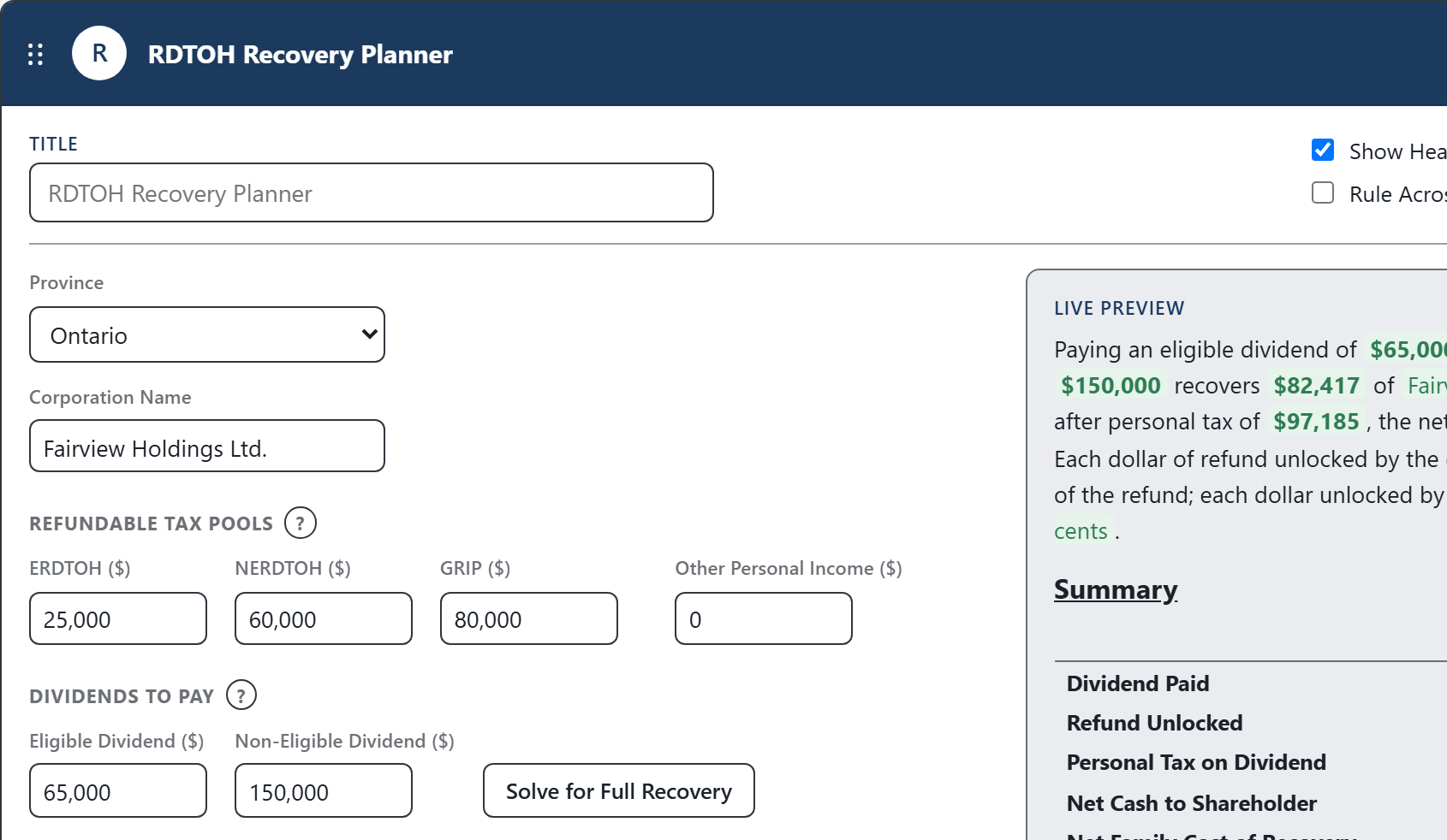 The RDTOH Recovery Calculator inside CodaraFlow